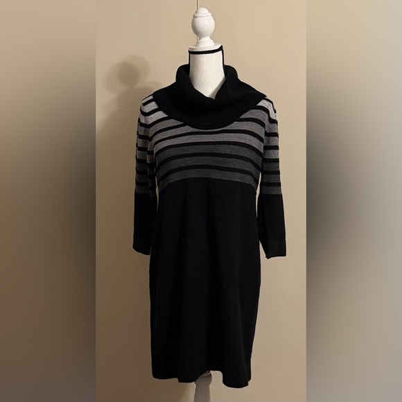 connected apparel Dresses & Skirts - Connected apparel Black & Gray Striped Cowl Neck Sweater Dress PL
